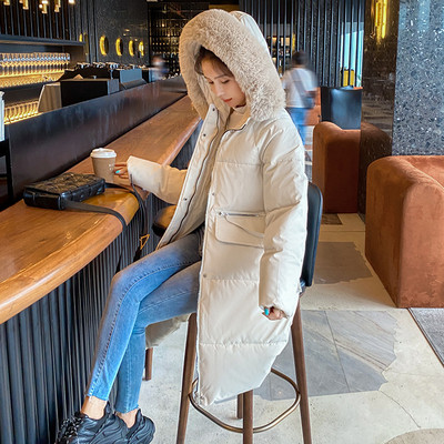 Hosszú női kabát pehely kapucnival