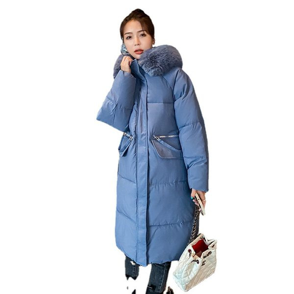 Hosszú női kabát pehely kapucnival