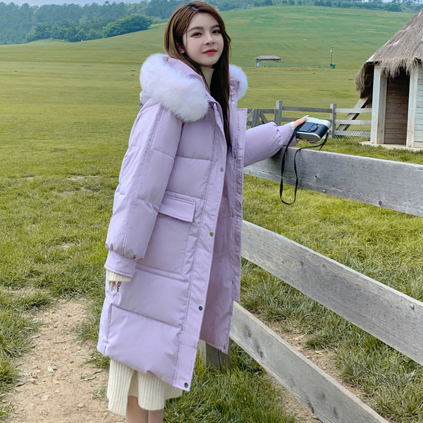 Jachetă lungă de damă cu puf pe glugă
