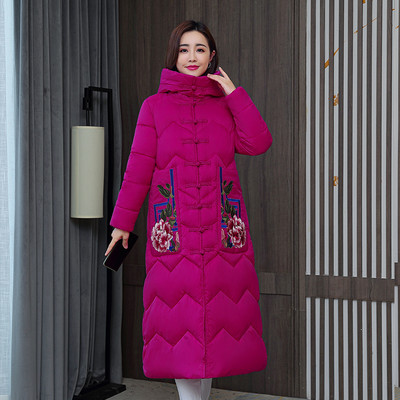 Μοντέρνο γυναικείο μακρύ μπουφάν με κέντημα και κουκούλα