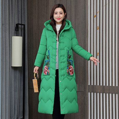 Μοντέρνο γυναικείο μακρύ μπουφάν με κέντημα και κουκούλα