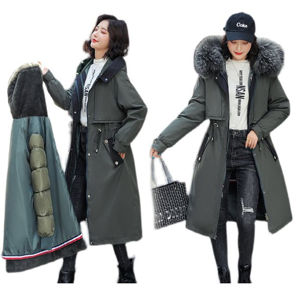 Hosszú női kabát kapucnival és zsebekkel