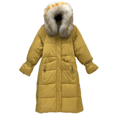 Hosszú meleg női kabát, pehely kapucnival