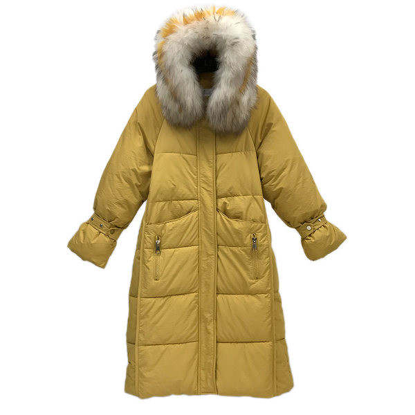 Hosszú meleg női kabát, pehely kapucnival