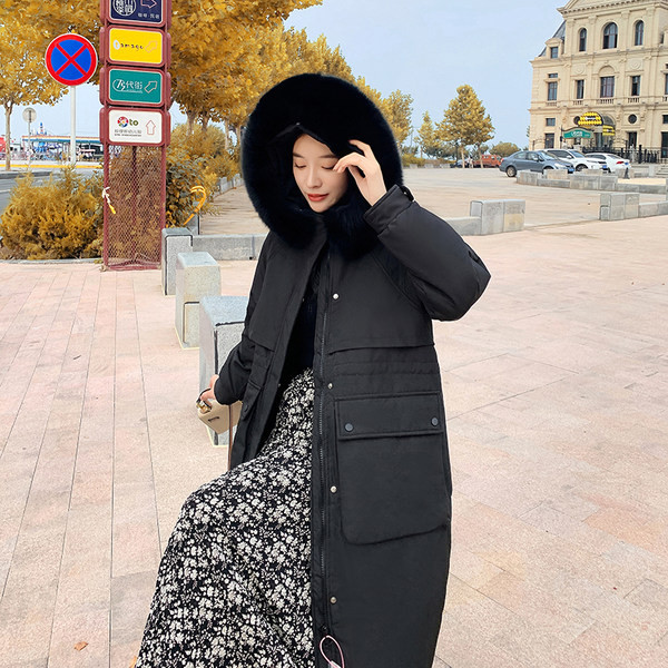 Jachetă parka lungă de iarnă cu glugă în puf