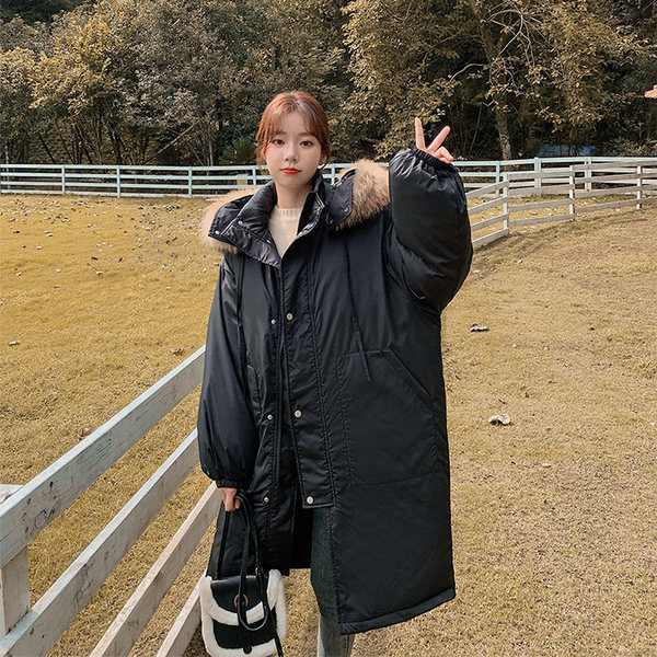 Geacă lungă de iarnă cu glugă în puf