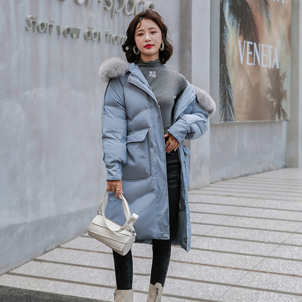 Jachetă lungă de zi cu puf și buzunare pentru femei