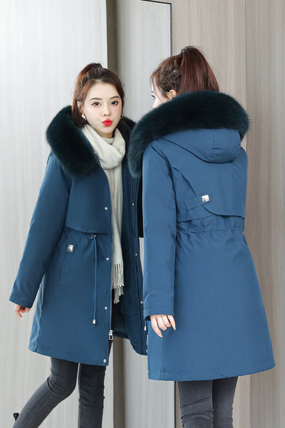 Geacă de iarnă de damă cu legături în talie și glugă