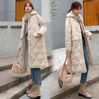 Hosszú női téli kabát, klasszikus gallérral