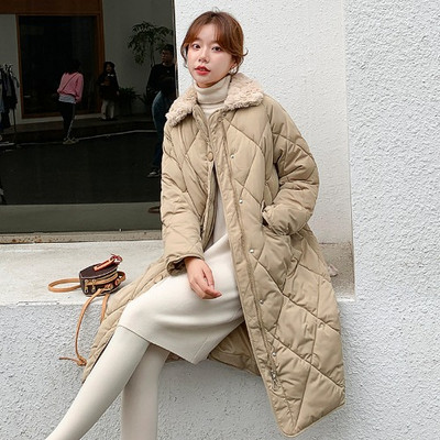 Hosszú női téli kabát, klasszikus gallérral