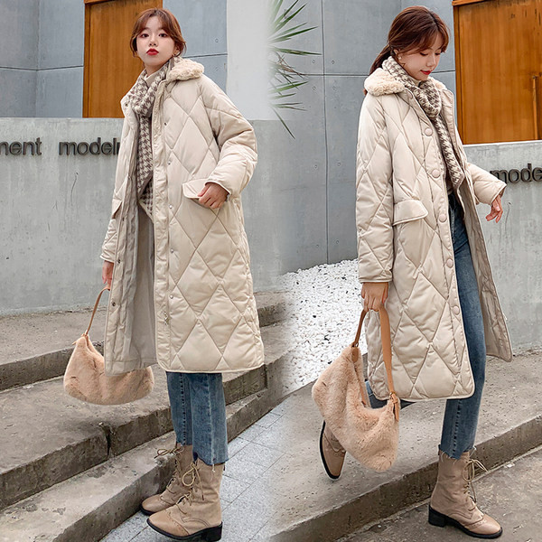 Hosszú női téli kabát, klasszikus gallérral