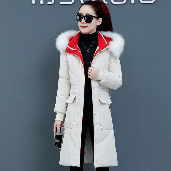 Geacă lungă de iarnă cu buzunare și puf - pentru femei