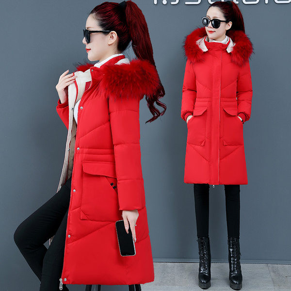 Geacă lungă de iarnă cu buzunare și puf - pentru femei