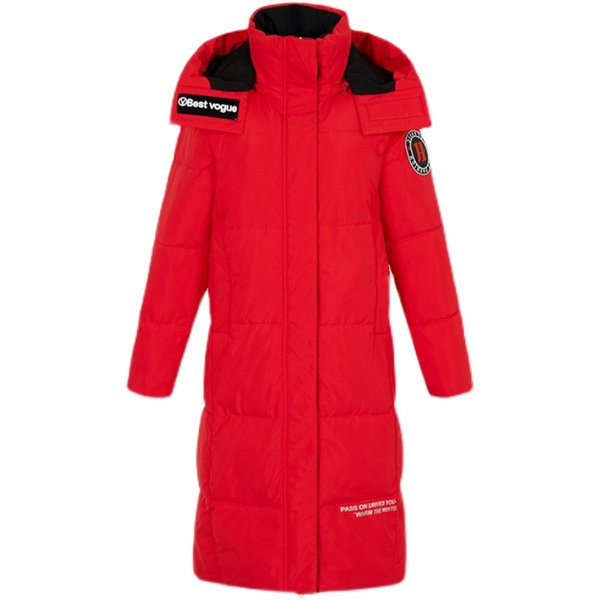 Hosszú női téli kabát kapucnival és felirattal