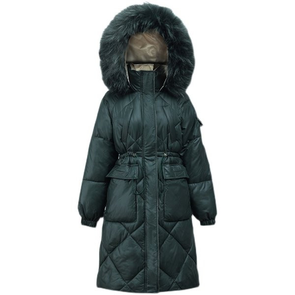 Jachetă lungă de damă cu puf pe glugă