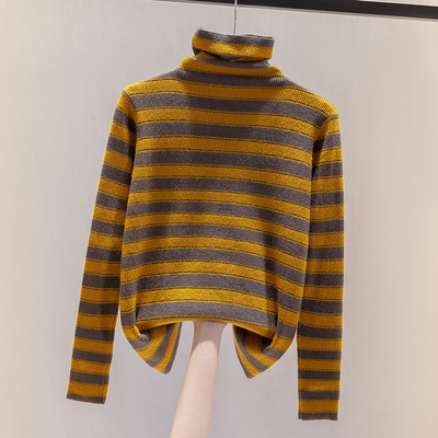 Раиран дамски пуловер с поло яка и дълъг ръкав