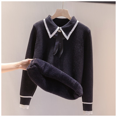 Топъл пуловер с подплата и класическа яка