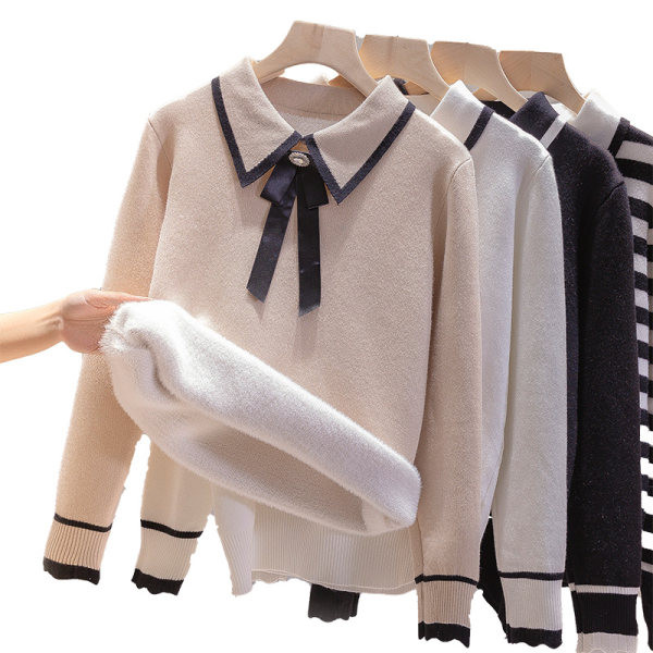 Топъл пуловер с подплата и класическа яка