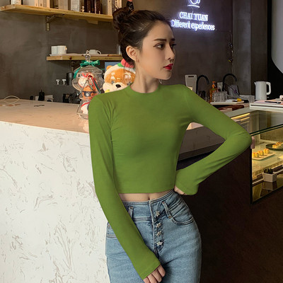 Дамска къса блуза с дълъг ръкав и овално деколте