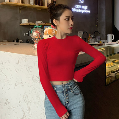 Дамска къса блуза с дълъг ръкав и овално деколте