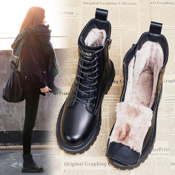 Дамски кожени боти с топла подплата и връзки в черен цвят 