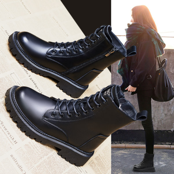 Дамски кожени боти с топла подплата и връзки в черен цвят 