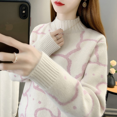 Дамски плътен пуловер за зимата с поло яка