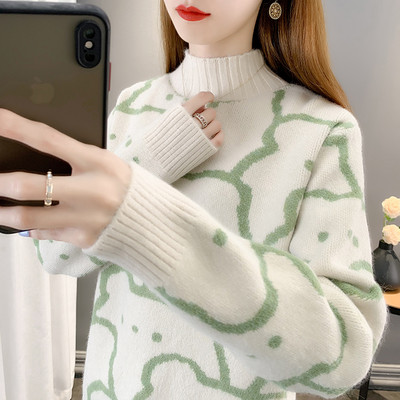 Дамски плътен пуловер за зимата с поло яка