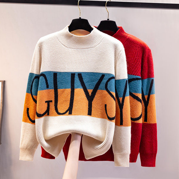 Μοντέρνο γυναικείο πουλόβερ με επιγραφή και μακριά μανίκια