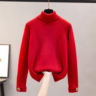 Нов модел плътен зимен пуловер с поло яка и копчета