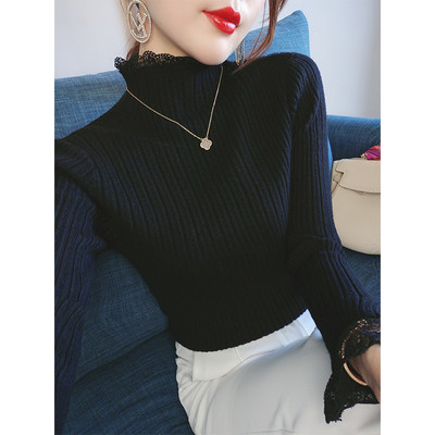 Дамски втален пуловер с дантела -два цвята