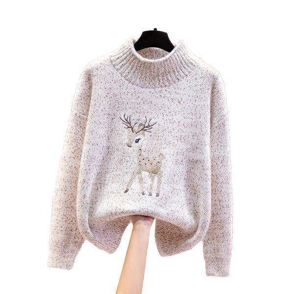 Ежедневен дамски пуловер с бродерия елен