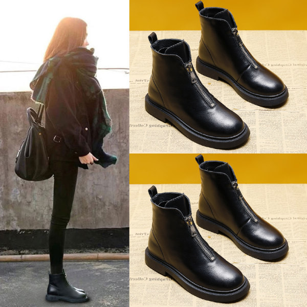 Кожени дамски боти с преден цип в черен цвят 