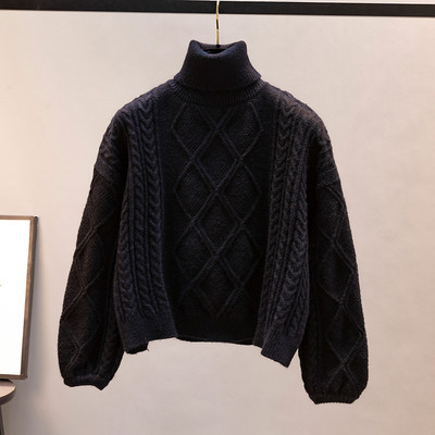 Плетен дамски  зимен пуловер с висока яка