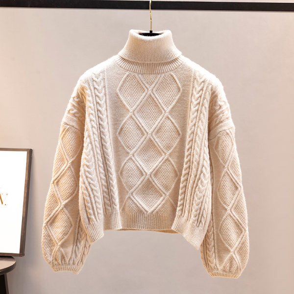 Плетен дамски  зимен пуловер с висока яка