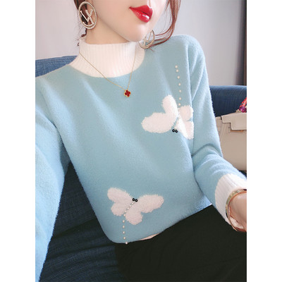 Нов модел мек пуловер с поло яка бродерия и перли