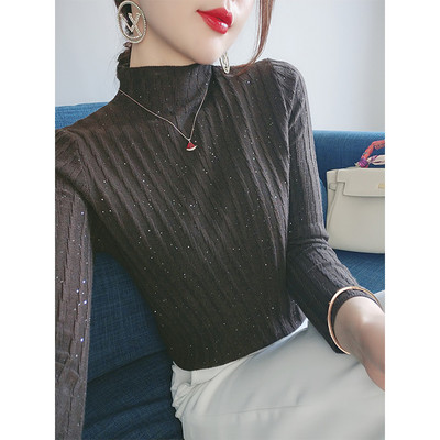 Стилен дамски пуловер втален модел с висока яка