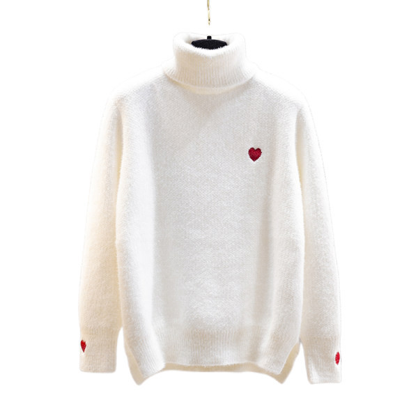 Дамски пухен пуловер с апликация и поло яка 