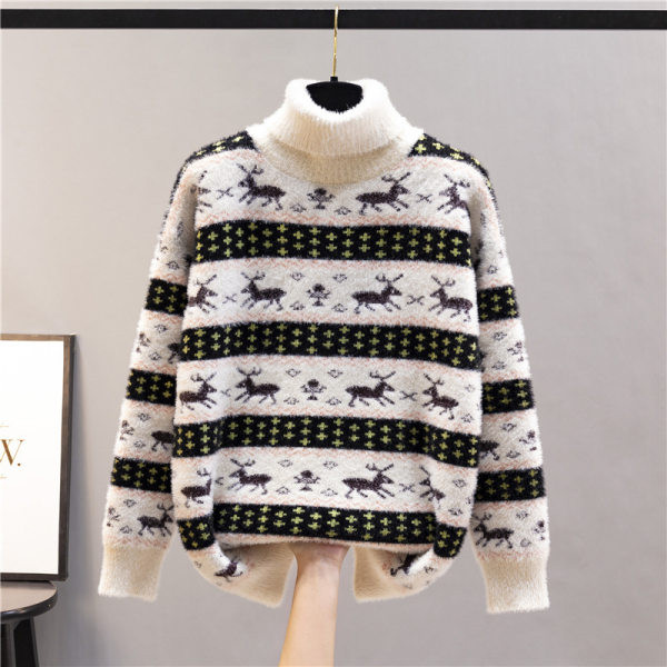 Μοντέρνο γυναικείο χριστουγεννιάτικο πουλόβερ με ψηλό γιακά - τρία χρώματα