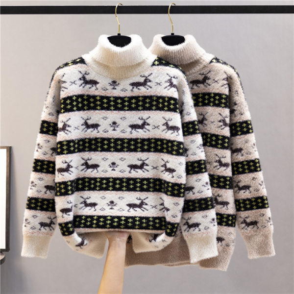 Μοντέρνο γυναικείο χριστουγεννιάτικο πουλόβερ με ψηλό γιακά - τρία χρώματα