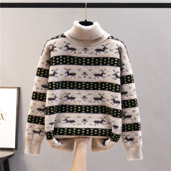 Μοντέρνο γυναικείο χριστουγεννιάτικο πουλόβερ με ψηλό γιακά - τρία χρώματα