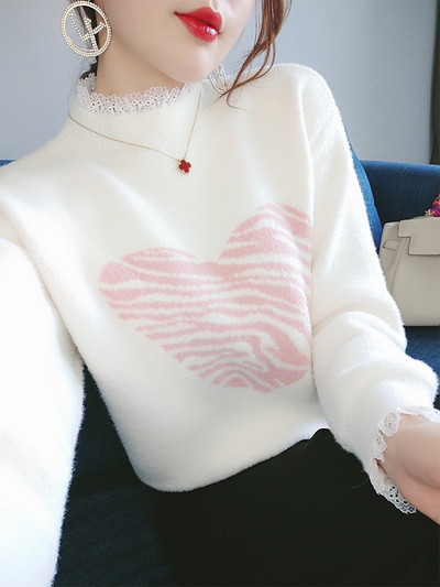 Κομψό γυναικείο πουλόβερ με δαντέλα και μακριά μανίκια