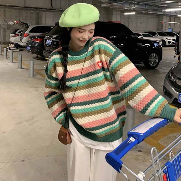 Γυναικείο ριγέ πουλόβερ φαρδύ μοντέλο με οβάλ λαιμόκοψη