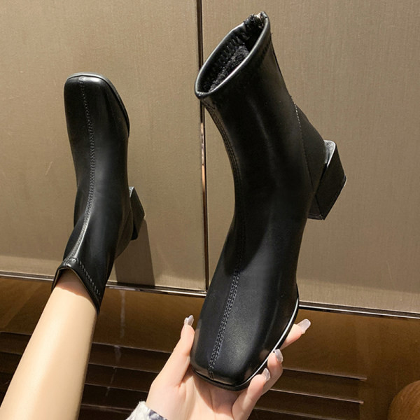 Квадратни кожени боти с дебел ток 5см за жени