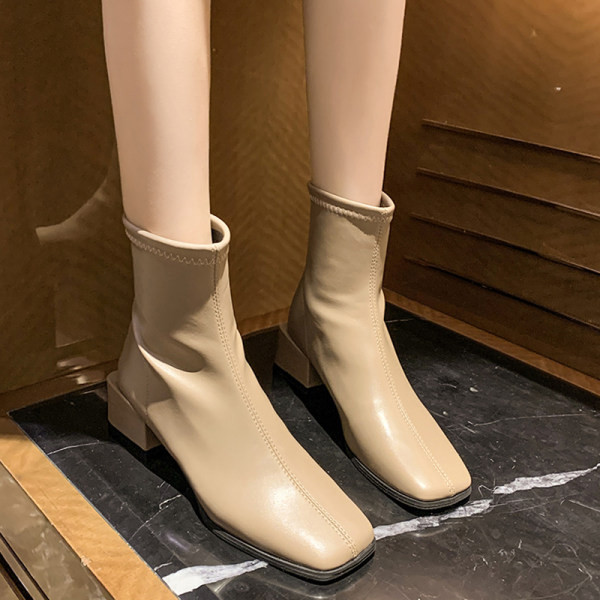 Квадратни кожени боти с дебел ток 5см за жени