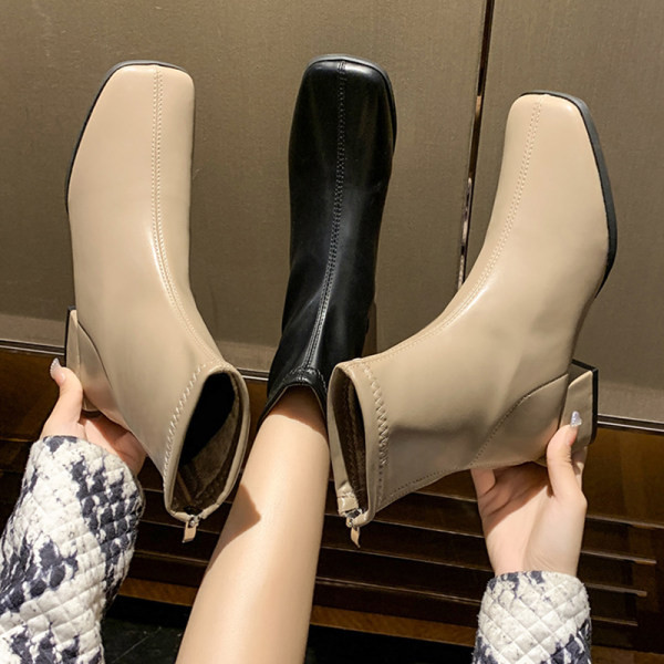 Квадратни кожени боти с дебел ток 5см за жени