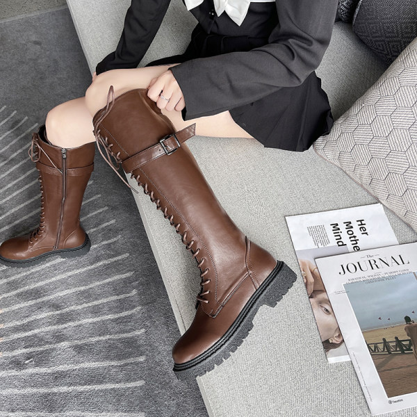 Стилни дамски ботуши от еко кожа с връзки 