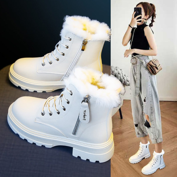 Актуални дамски боти с пух и цип от еко кожа