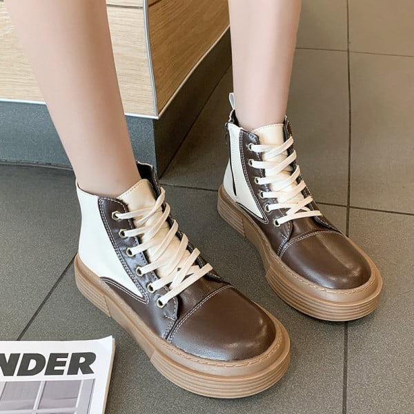 Дамски кожени боти с  връзки в черен и кафяв цвят 