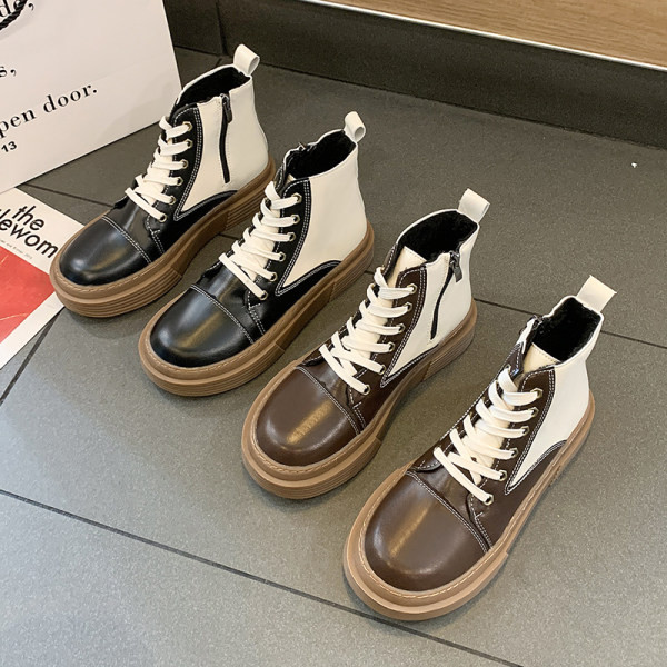 Дамски кожени боти с  връзки в черен и кафяв цвят 